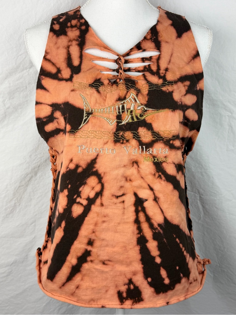 Puerto Vallarta, MX-Upcycled Tie Dye Tank Top-Large-Brown & Orange-Twist & Braid